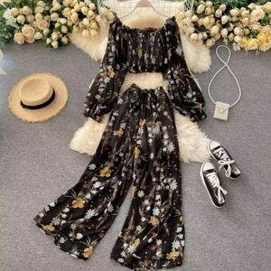 Women's Smocked Chiffon Balloon Sleeve Blouse/ Palazzo Pants 2pc BLACK XS/S